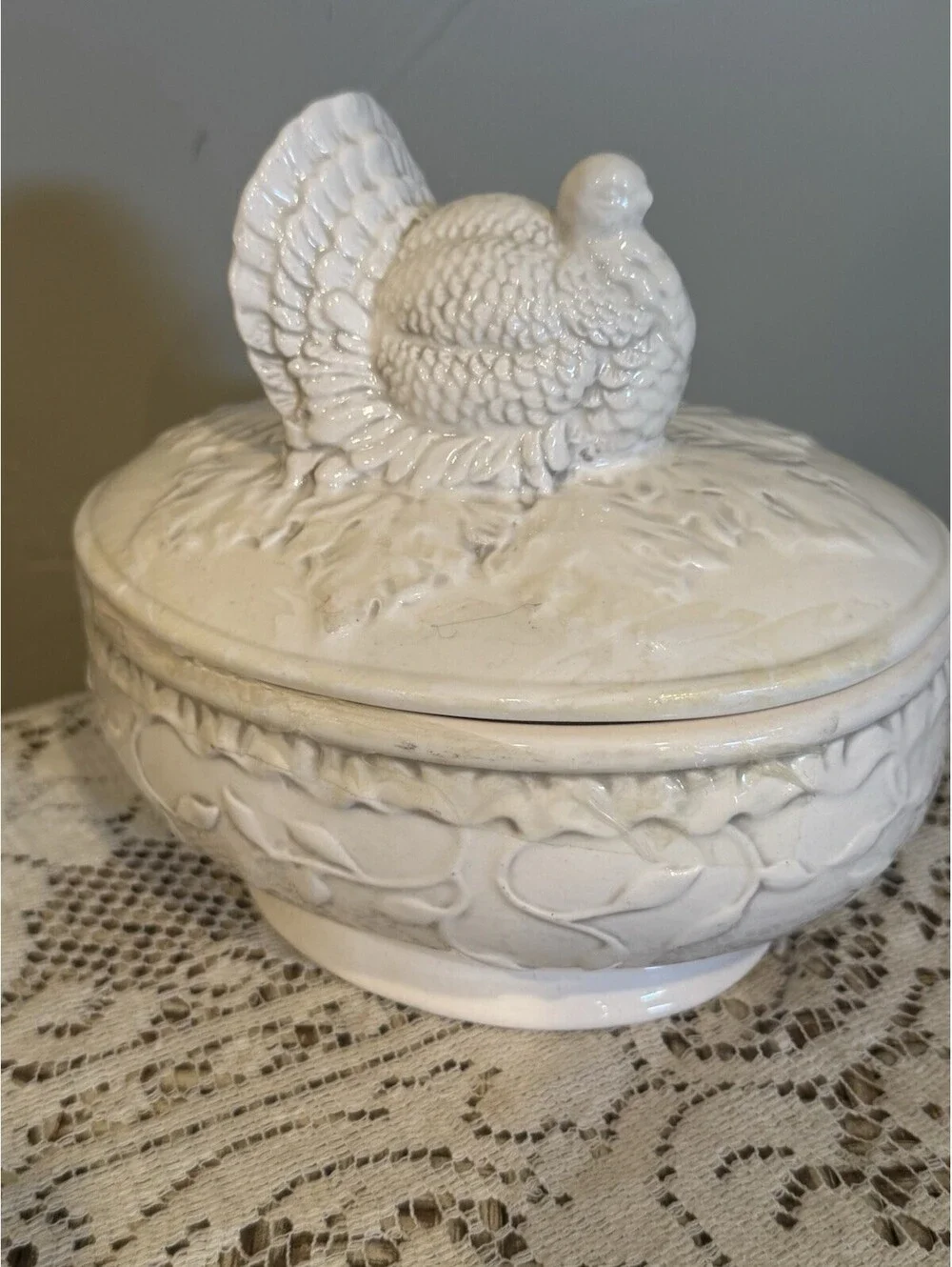 Vintage White Turkey Ceramic Turkey Tureen Covered Serving Bowl Farmhouse